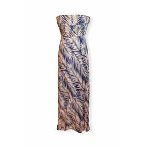 Banana Republic Womens XL Strapless Tropical Palm Leaf Ruched Maxi Dress Blue